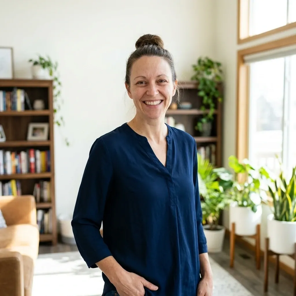 Woman in a navy blouse standing in a bright living room