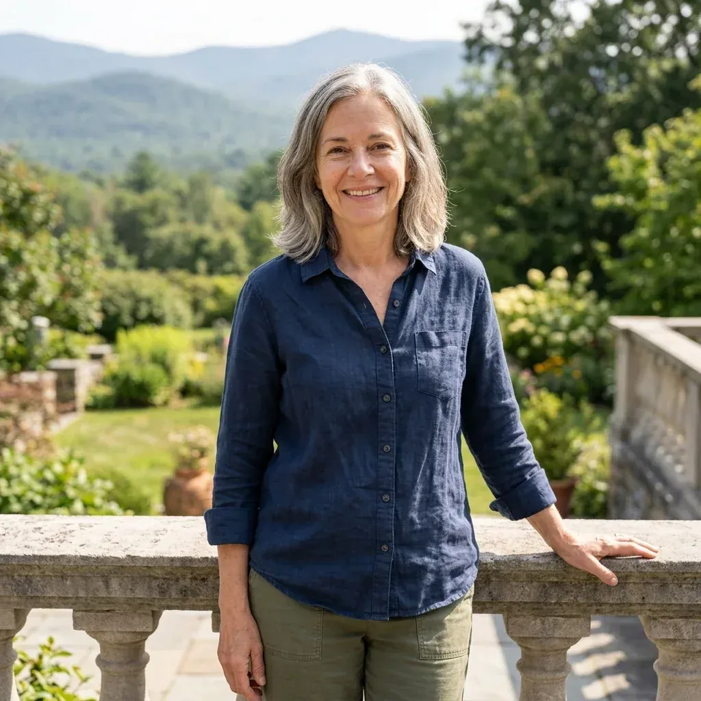 Woman in her sixties smiling on a garden terrace