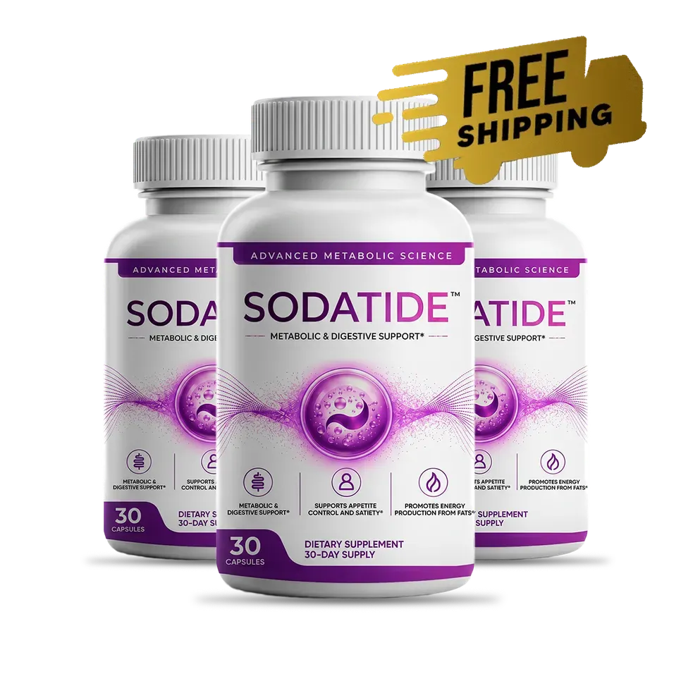 Three Sodatide bottles with a free shipping tag