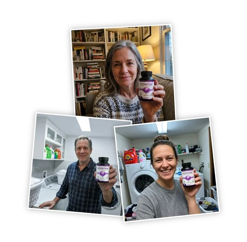 Three snapshot photos of adults at home holding a Sodatide bottle