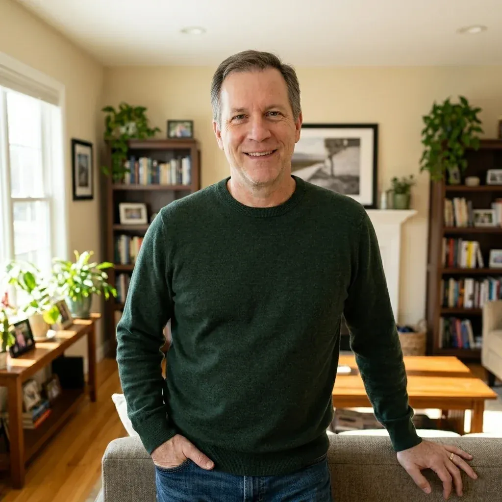 Man in a green sweater standing in his living room