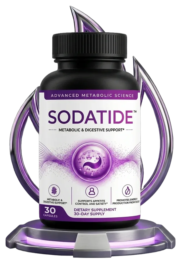 Black Sodatide bottle with violet label on a display stand
