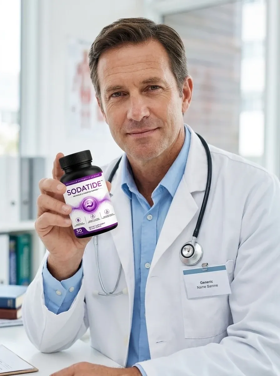 Man in a white coat holding a Sodatide bottle in a clinic office