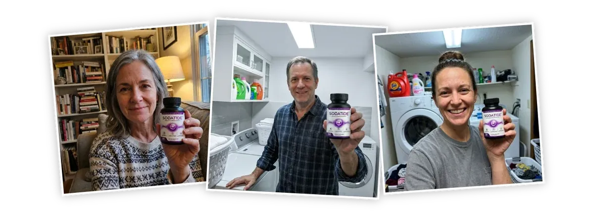Three snapshot photos in a row of adults at home holding a Sodatide bottle