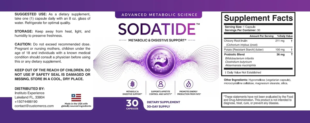 Full Sodatide label with suggested use, caution, front panel and Supplement Facts