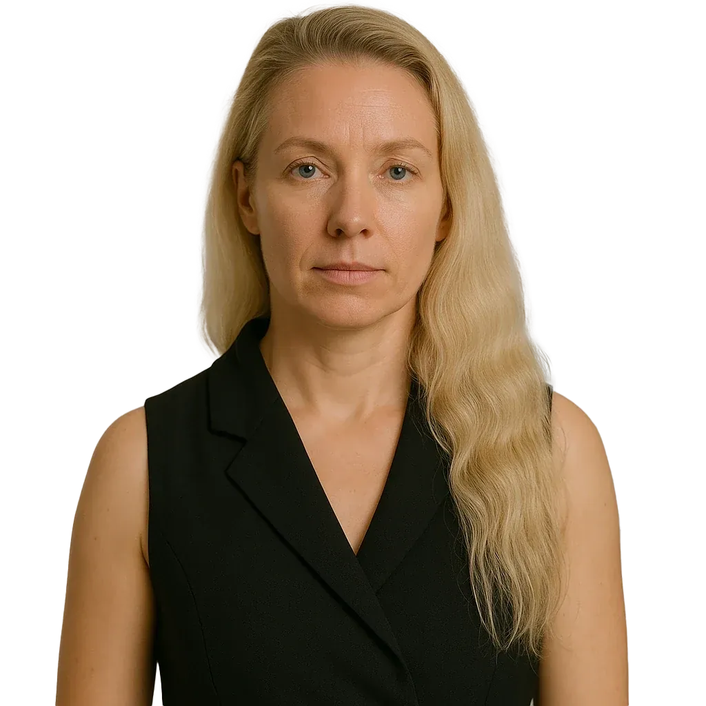 Portrait of a woman with long blond hair in a black top