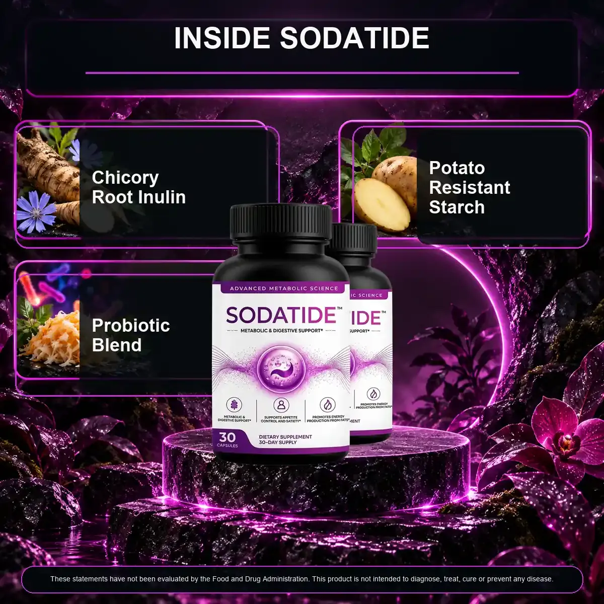 Inside Sodatide graphic showing chicory root inulin, potato resistant starch and probiotic blend next to two bottles