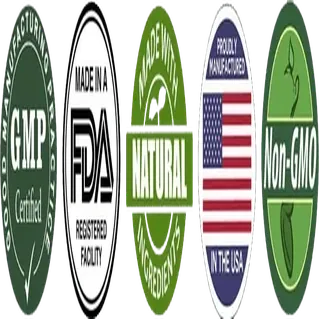 Row of five seals: GMP certified, made in an FDA registered facility, natural ingredients, made in the USA, non-GMO