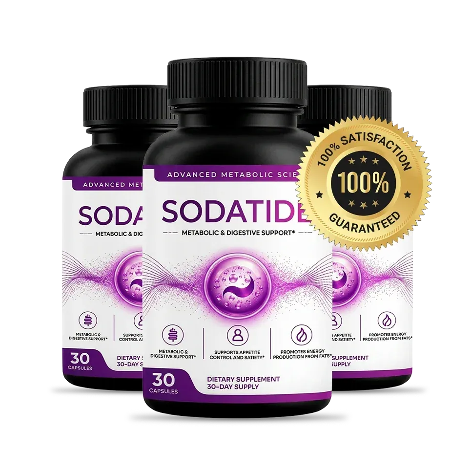 Three Sodatide bottles with a gold satisfaction guarantee seal